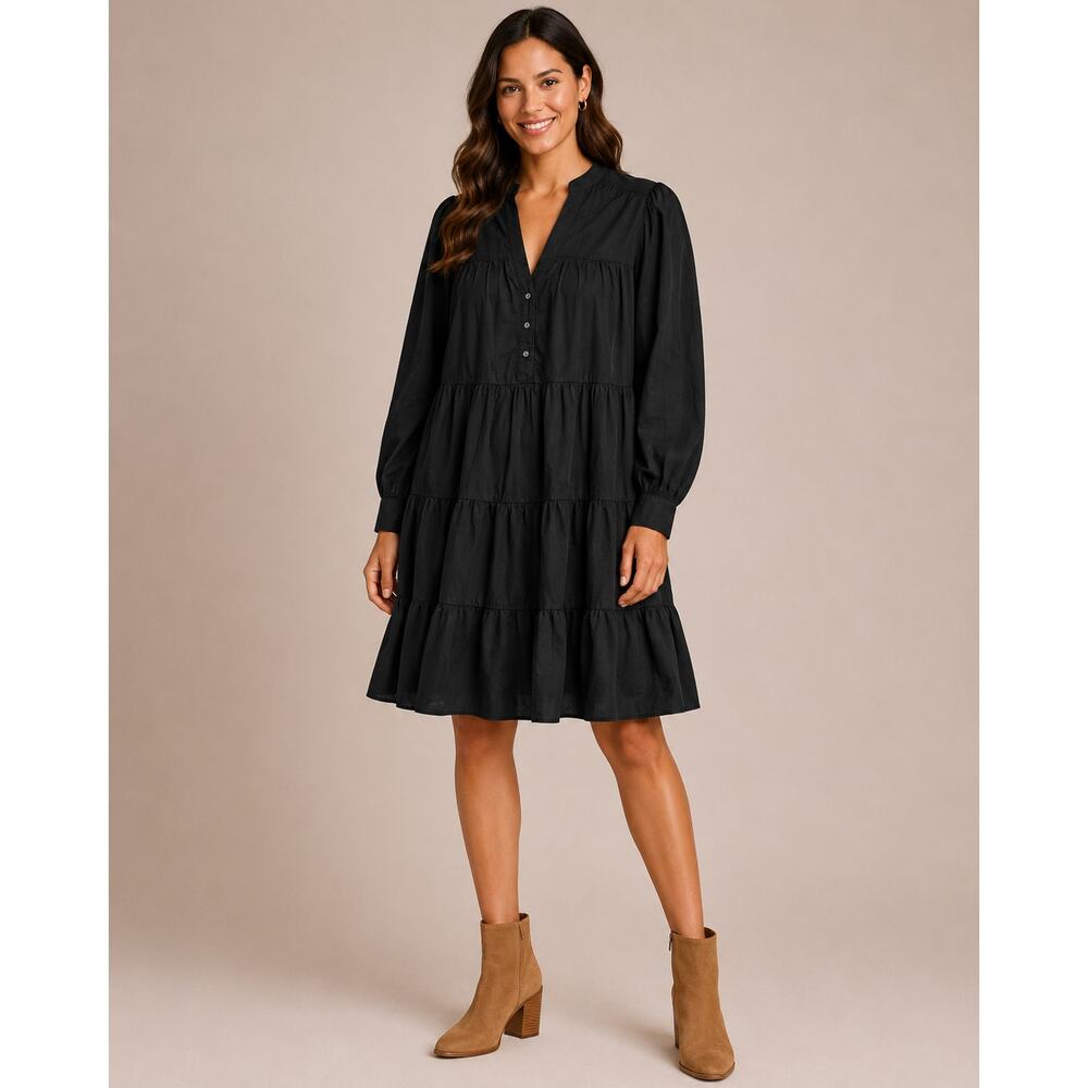Xirena Tallulah Dress Size L Black Tiered Mini Long Sleeve Button Front V-Neck